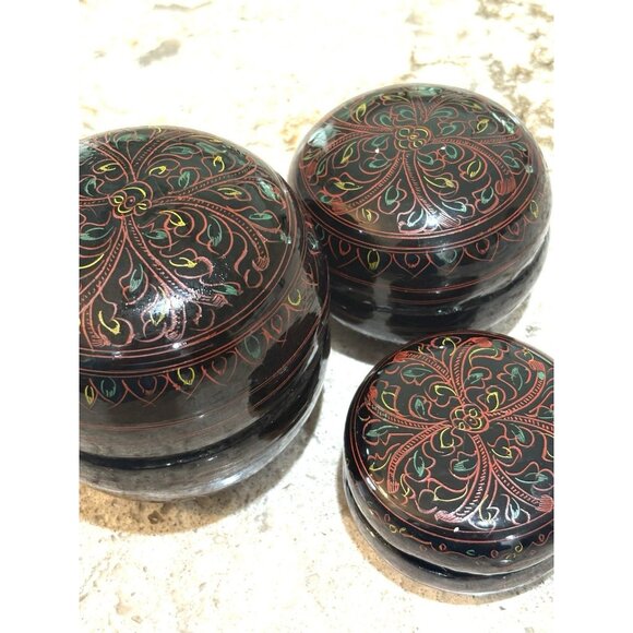 Burmese Lacquerware Round Nesting Boxes Set of 3 Decorative Vintage Pieces - Picture 1 of 11